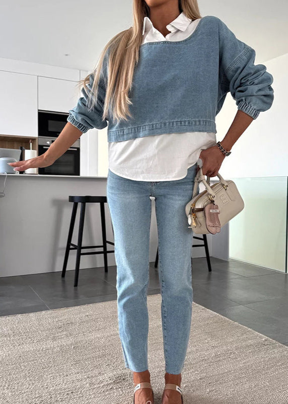 Khloe - Ensemble deux pièces à la mode composé d'un haut en jean à manches longues