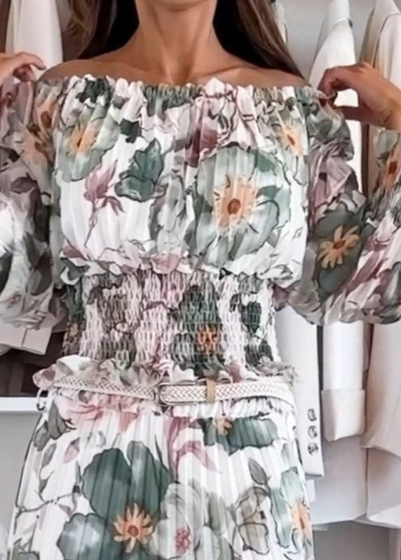 Leah - Ensemble Deux Pièces à Motif Floral : Blouse Épaules Dénudées & Jupe Longue