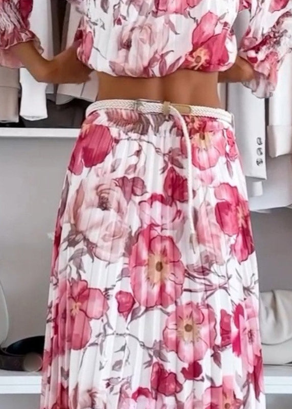 Leah - Ensemble Deux Pièces à Motif Floral : Blouse Épaules Dénudées & Jupe Longue