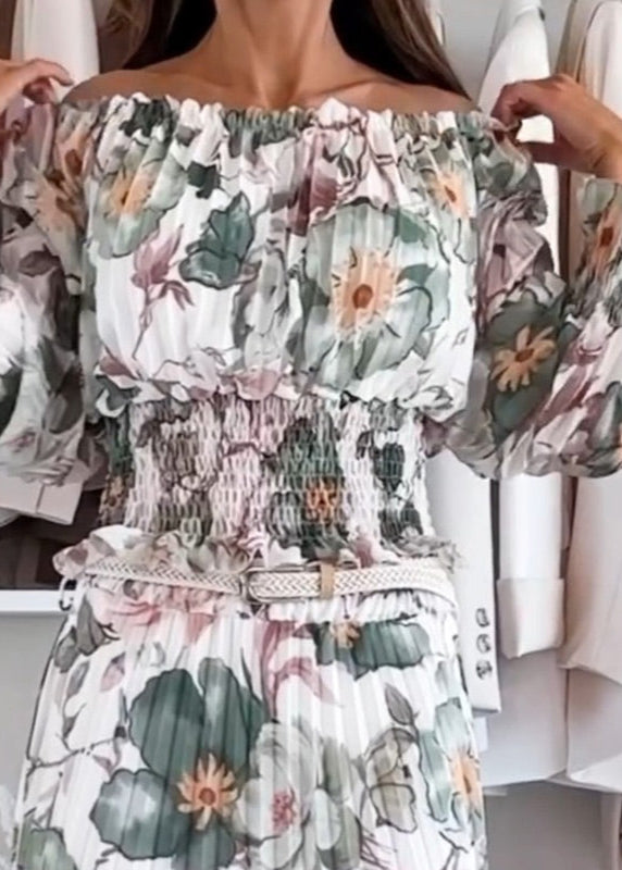 Leah - Ensemble Deux Pièces à Motif Floral : Blouse Épaules Dénudées & Jupe Longue