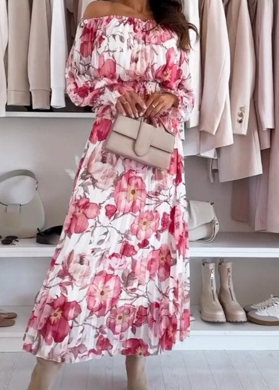 Leah - Ensemble Deux Pièces à Motif Floral : Blouse Épaules Dénudées & Jupe Longue